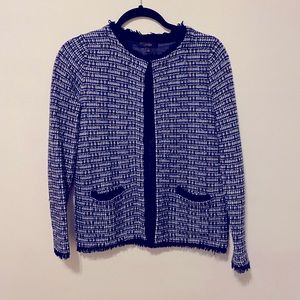 JCrew blue and silver fringe tweed blazer cardigan